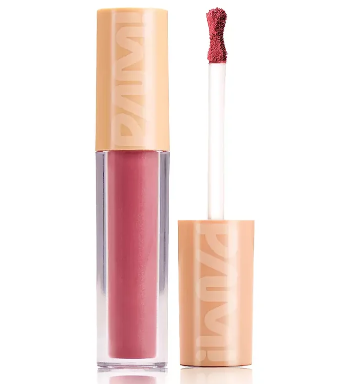 Gloss labial rosa com tampa bege e aplicador aberto