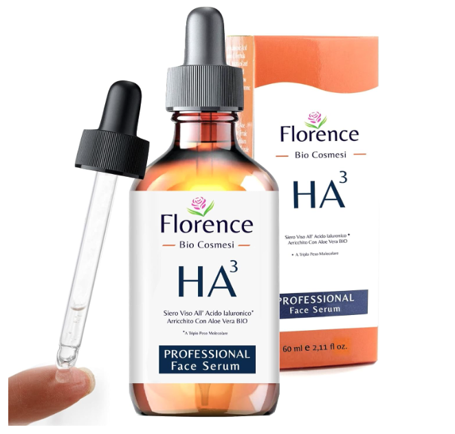 Sérum facial Florence Bio Cosmesi HA3 em frasco âmbar com conta-gotas e embalagem de cor laranja e branco