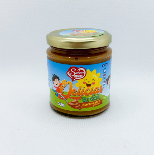 Frasco de doce de leite Delícias Brasil com tampa dourada e etiqueta colorida