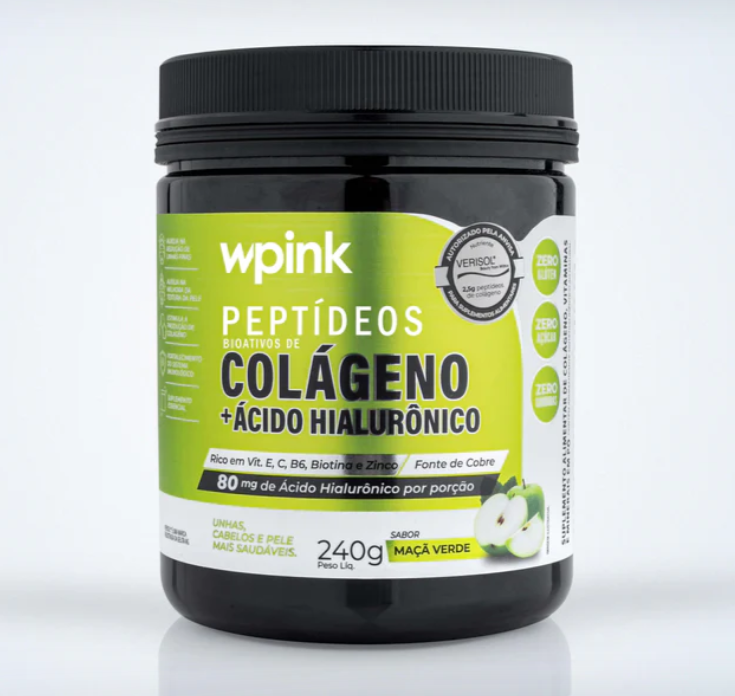 Frasco preto com colágeno e ácido hialurónico sabor maçã verde