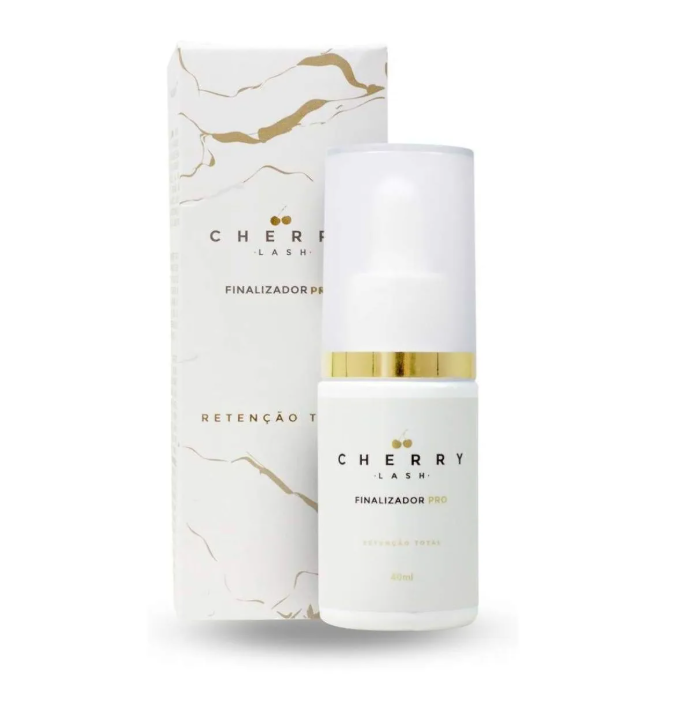 Frasco do produto Cherry Lash Finalizador Pro com embalagem ao fundo