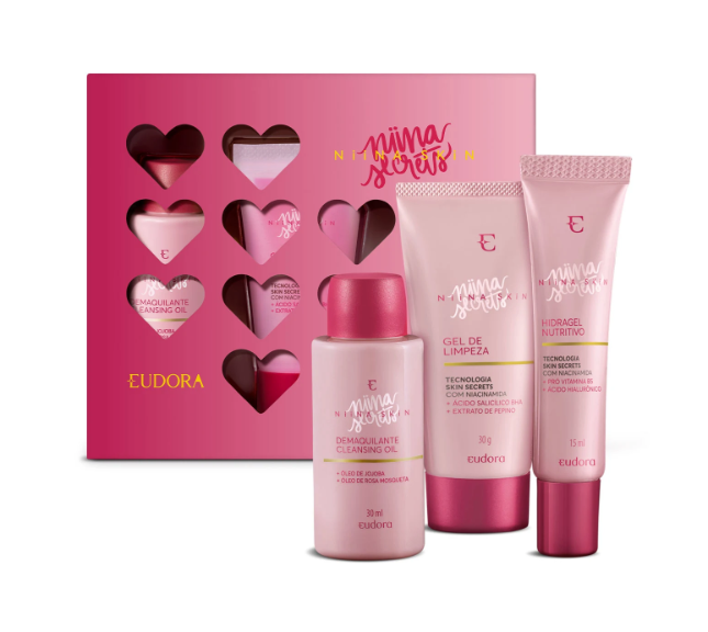 Conjunto de produtos de beleza Eudora cor-de-rosa com embalagem e três frascos