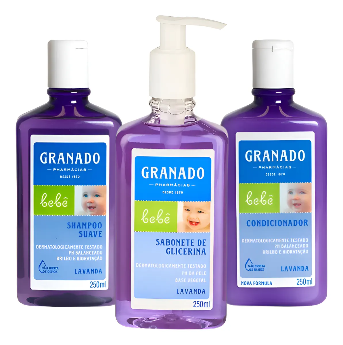 Três frascos roxos de produtos para bebé Granado com etiquetas azuis e verdes.