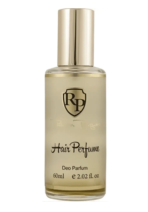 Frasco de perfume para cabelo com rótulo RP e texto em fundo branco