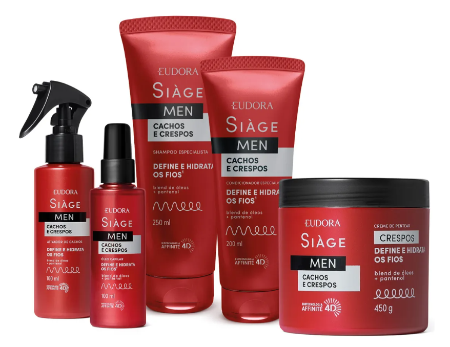 Conjunto de produtos capilares Eudora Siàge Men para cachos e crespos em embalagens vermelhas e pretas
