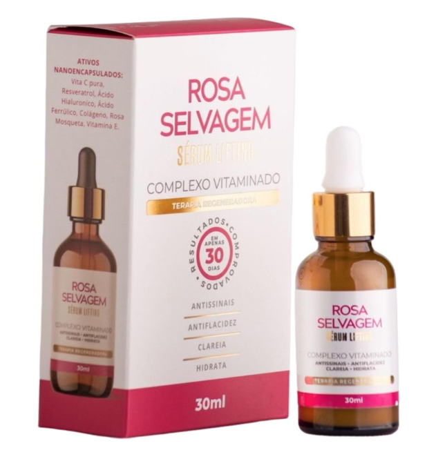 Sérum lifting Rosa Selvagem em frasco âmbar com embalagem rosa e branca