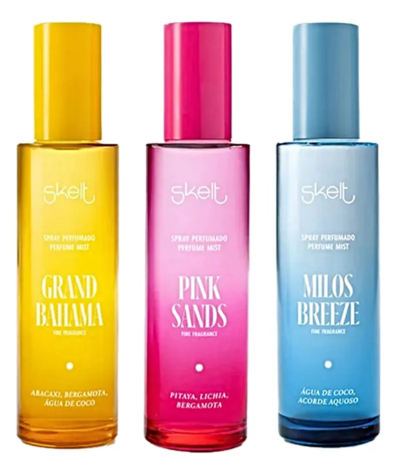 Três frascos coloridos de perfume spray Skelt com nomes e fragrâncias visíveis