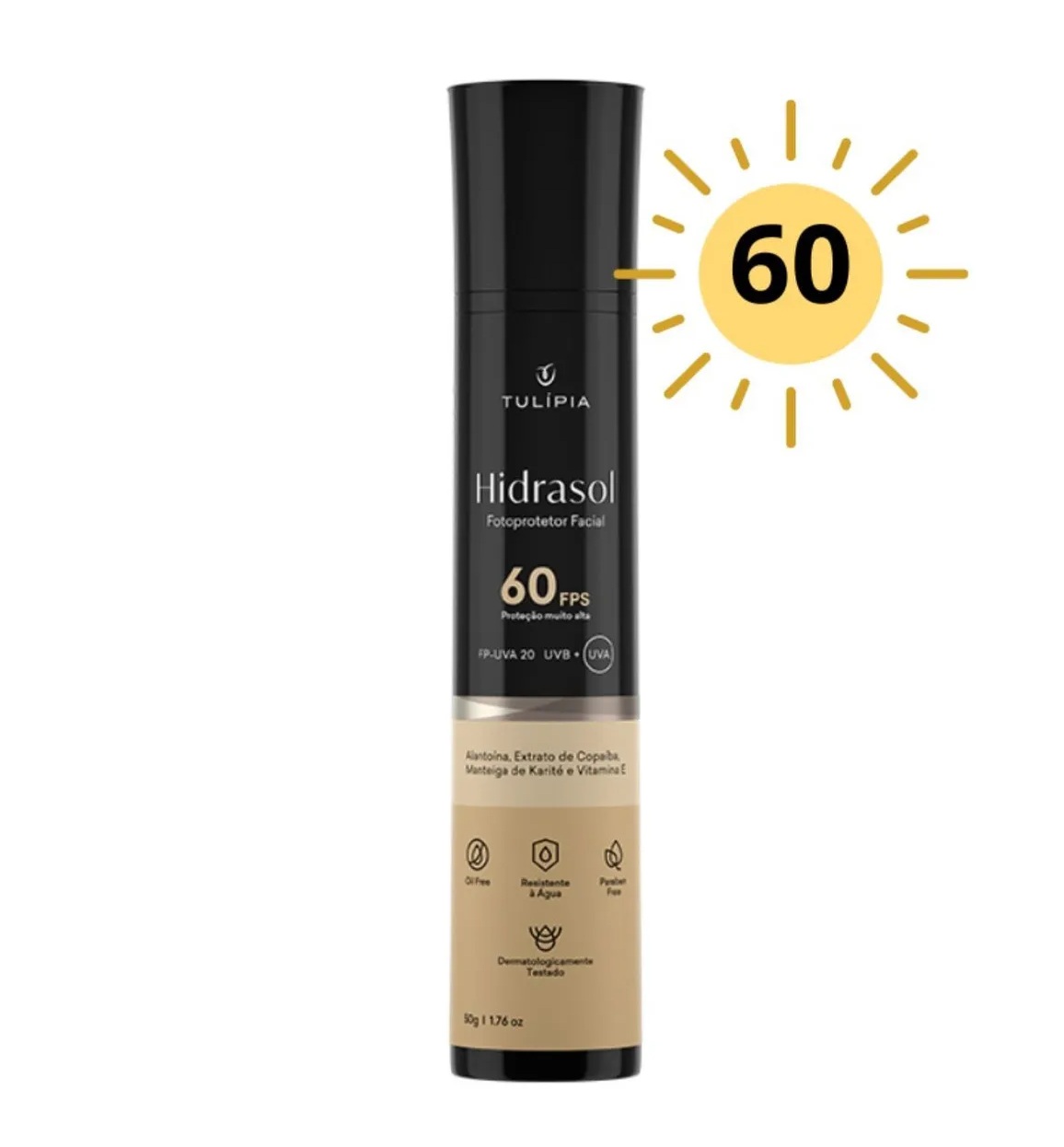 Frasco de protector solar facial Tulípia Hidrasol FPS 60 preto e bege