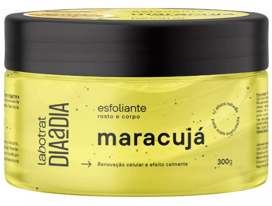 Frasco amarelado com tampa preta de esfoliante maracujá Diádia