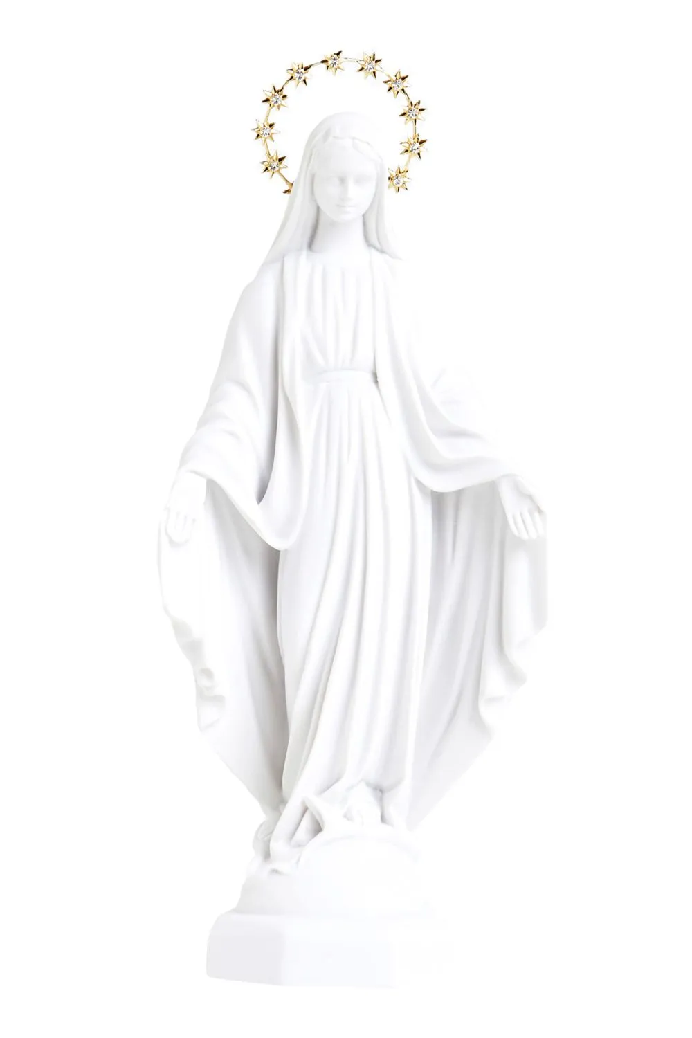 Estátua branca da Virgem Maria com auréola dourada de estrelas
