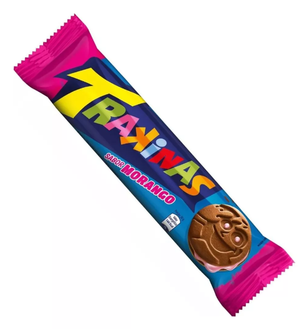 Pacote de bolacha recheada RAINAS sabor morango com embalagem azul e rosa