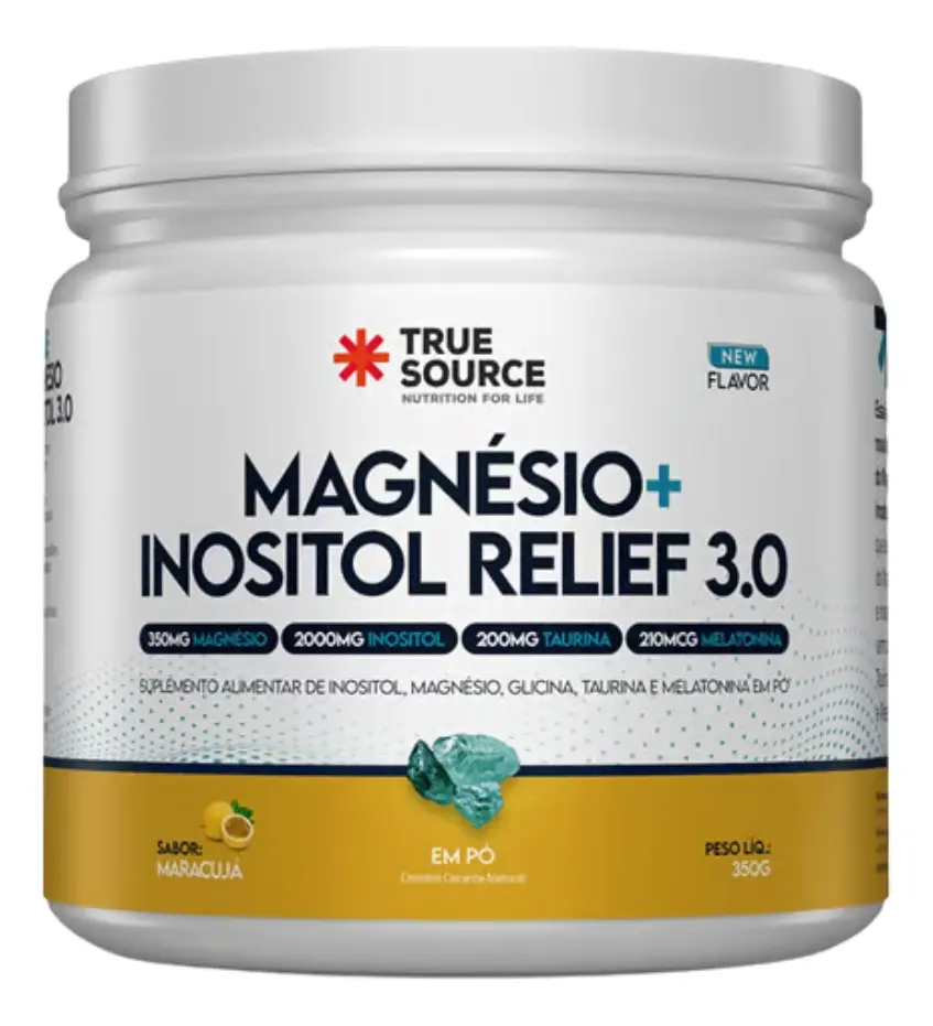 frasco de suplemento Magnésio+Inositol Relief 3.0 sabor maracujá