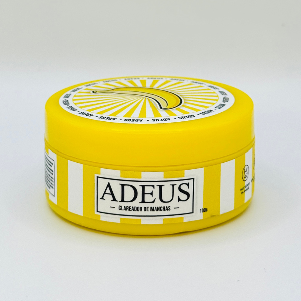 Creme clareador de manchas ADEUS em pote amarelo e branco com tampa amarela