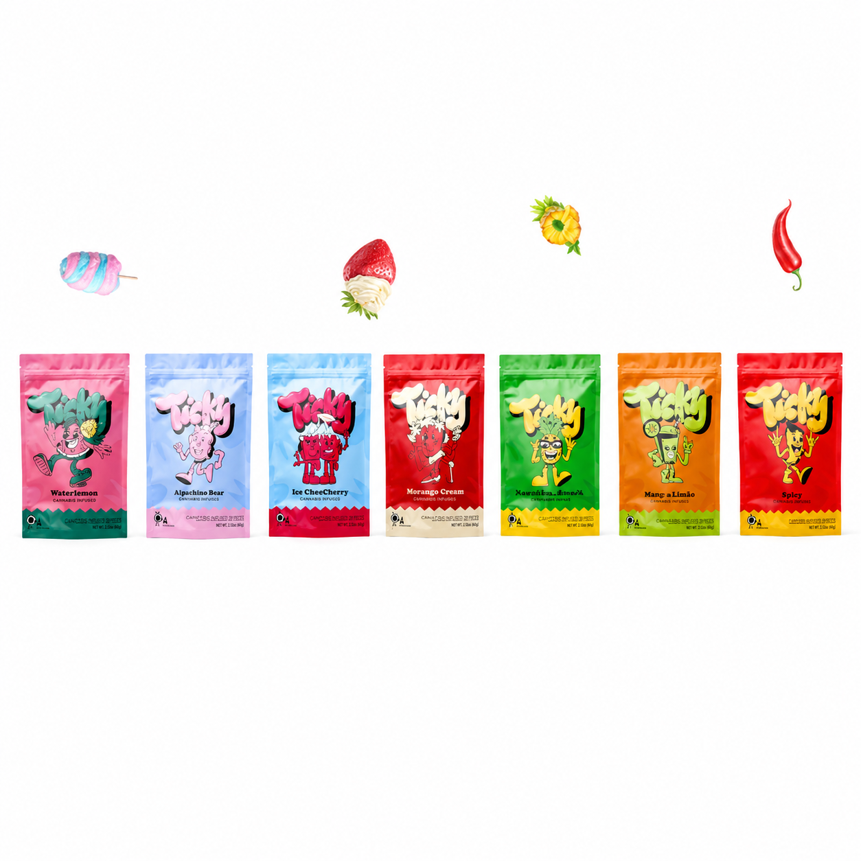 Sete embalagens coloridas de Tickky com personagens e sabores diversos em fundo branco.