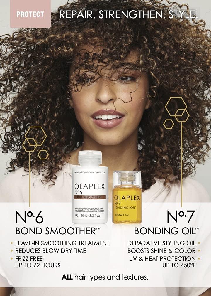 Anúncio de produtos OLAPLEX Nº6 Bond Smoother e Nº7 Bonding Oil com mulher de cabelo encaracolado