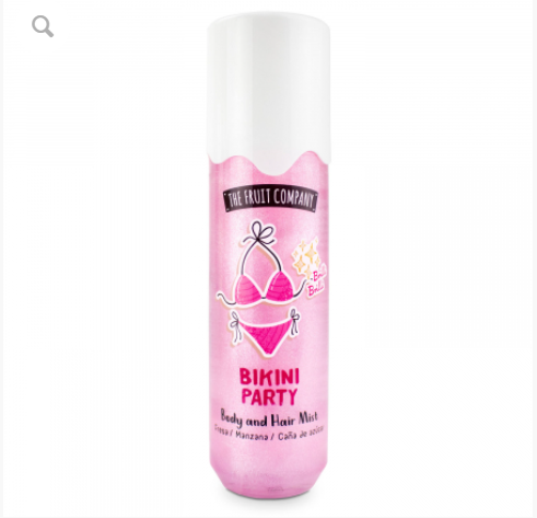 Frasco spray rosa com tampa branca e rótulo BIKINI PARTY da THE FRUIT COMPANY