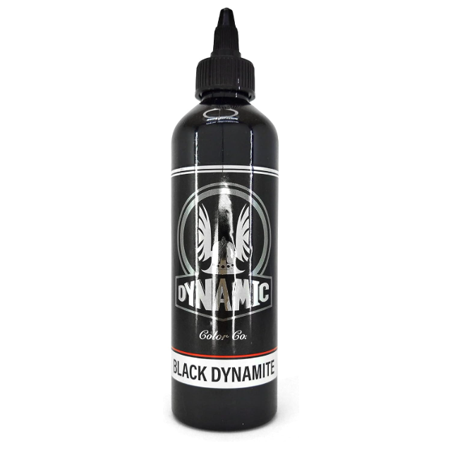 Frasco preto de tinta com tampa conta-gotas, etiqueta DYNAMIC Color 8oz BLACK DYNAMITE
