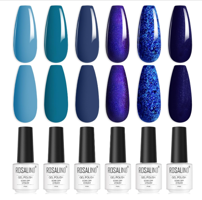 Seis frascos de verniz em gel ROSALIND com amostras de cor azul e roxo com brilhos