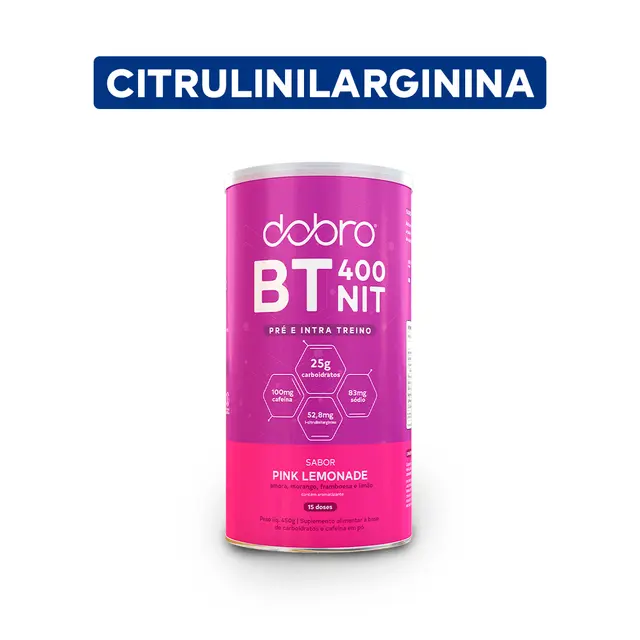Recipiente cilíndrico cor-de-rosa com suplemento BT 400 NIT sabor Pink Lemonade