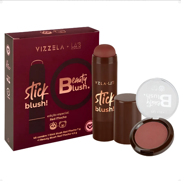 Conjunto blush stick e blush compacto Vizzela + Las Makeups na cor Red Mocha
