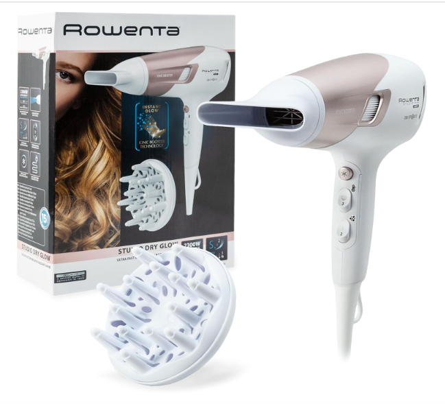 Secador de cabelo Rowenta branco e rosa com difusor e embalagem ao fundo