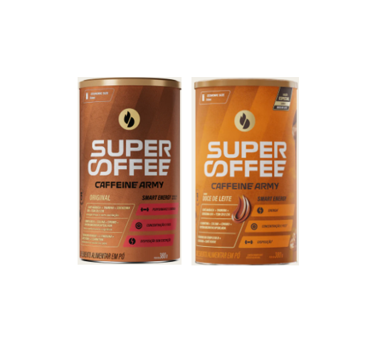 Duas latas de suplemento alimentar em pó SUPER COFFEE CAFFEINE ARMY em tons castanhos e laranja.