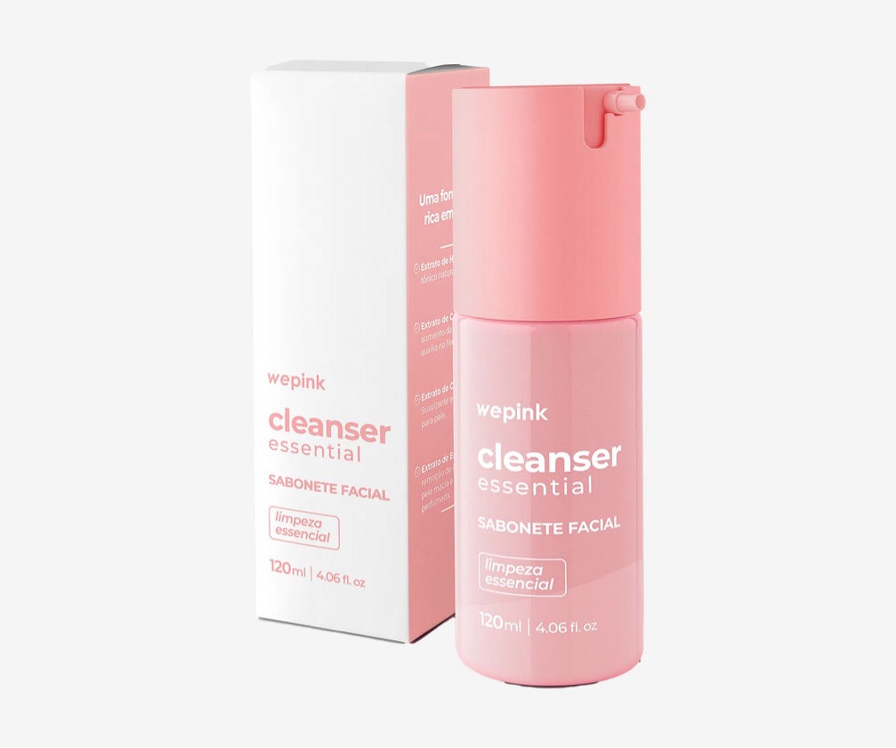Frasco rosa de sabonete facial wepink cleanser essential com embalagem
