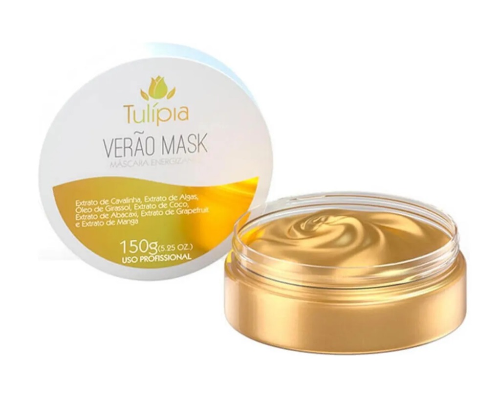 Máscara capilar Tulípia Verão Mask em embalagem redonda dourada com tampa branca