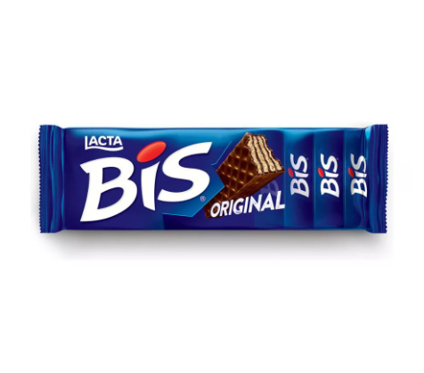 Embalagem azul do chocolate Bis Original da Lacta com texto BIS e uma imagem do chocolate