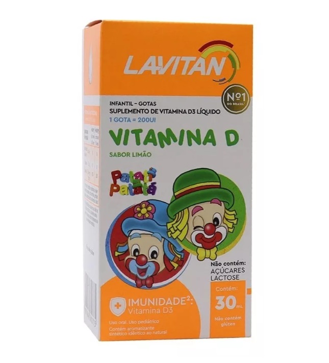 Embalagem de suplemento líquido de Vitamina D3 para crianças com cores laranja e branca e desenho de palhaços