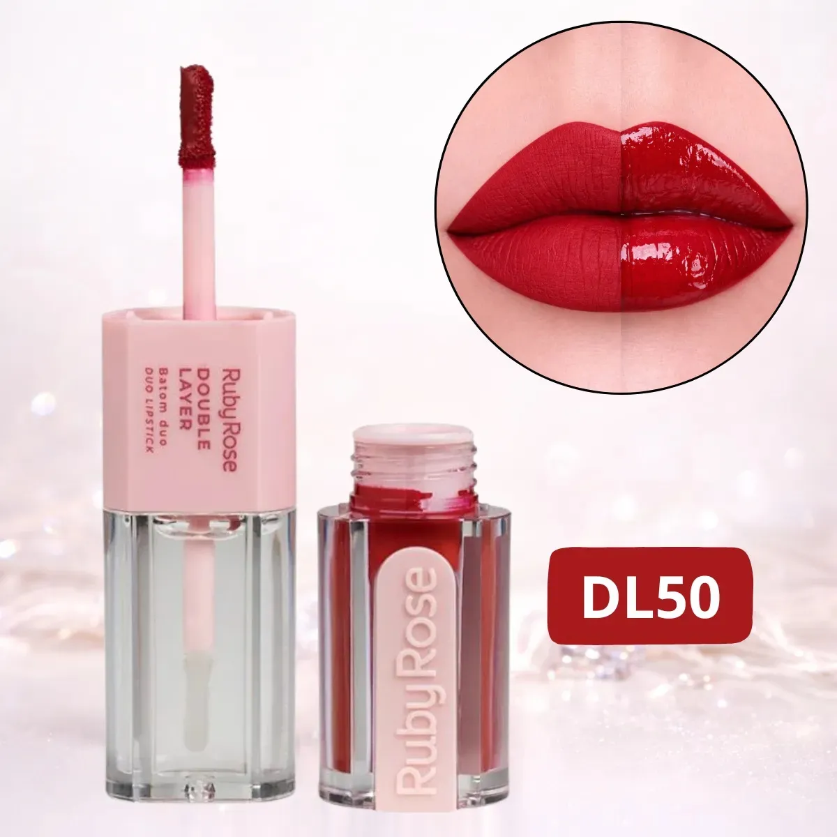 Batom líquido duo vermelho Ruby Rose Double Layer DL50 com aplicação mate e brilho.