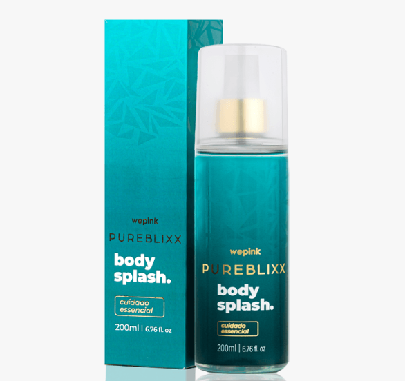 Frasco e embalagem de body splash turquesa com texto branco e dourado