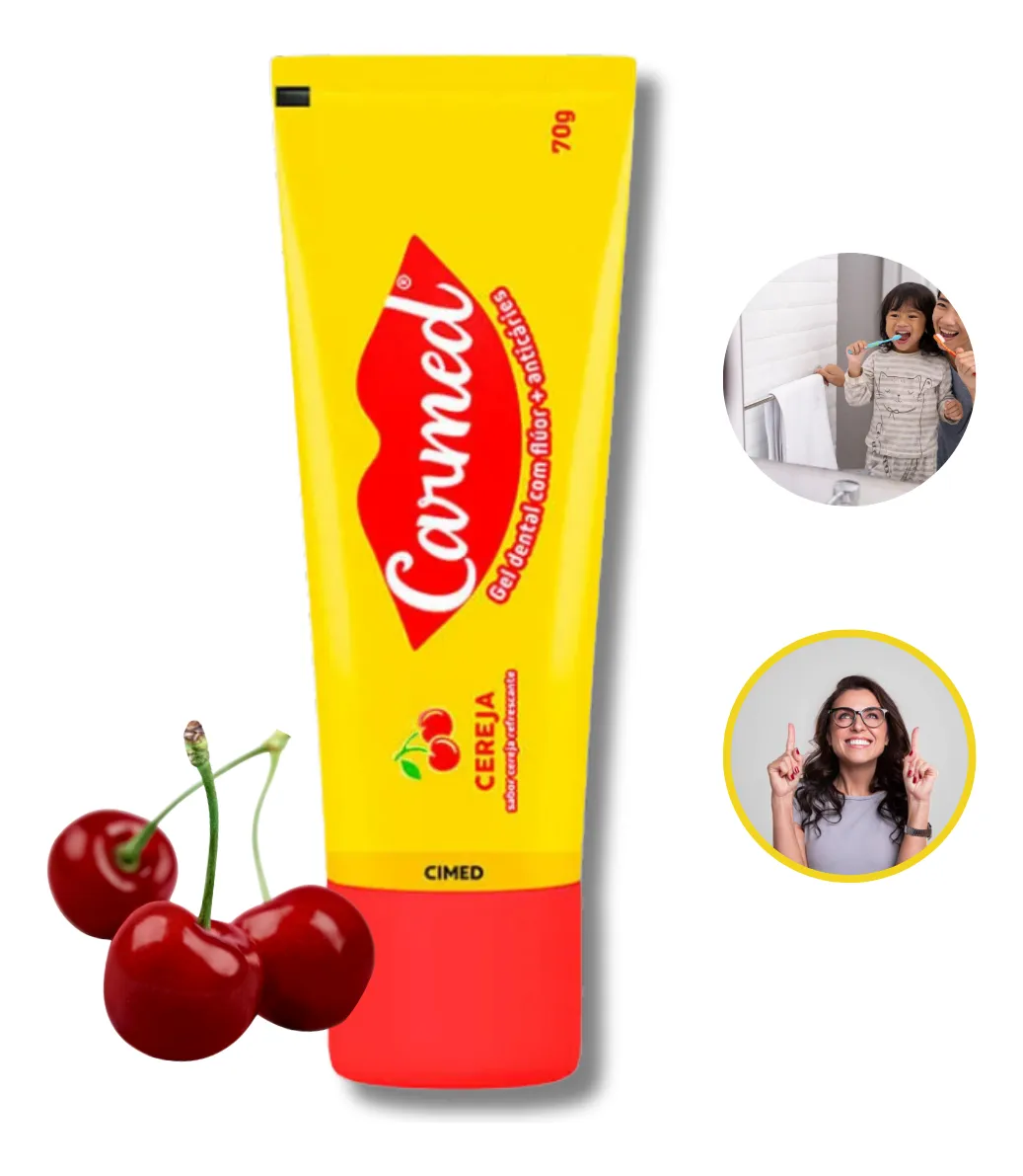 Gel dental Carmed sabor cereja em embalagem amarela e vermelha com cerejas ao lado