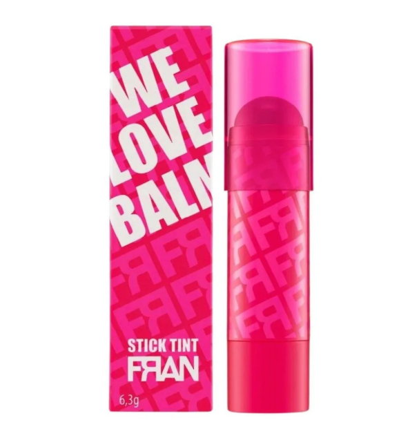 Stick tint rosa da marca FRAN e sua embalagem rosa com texto branco