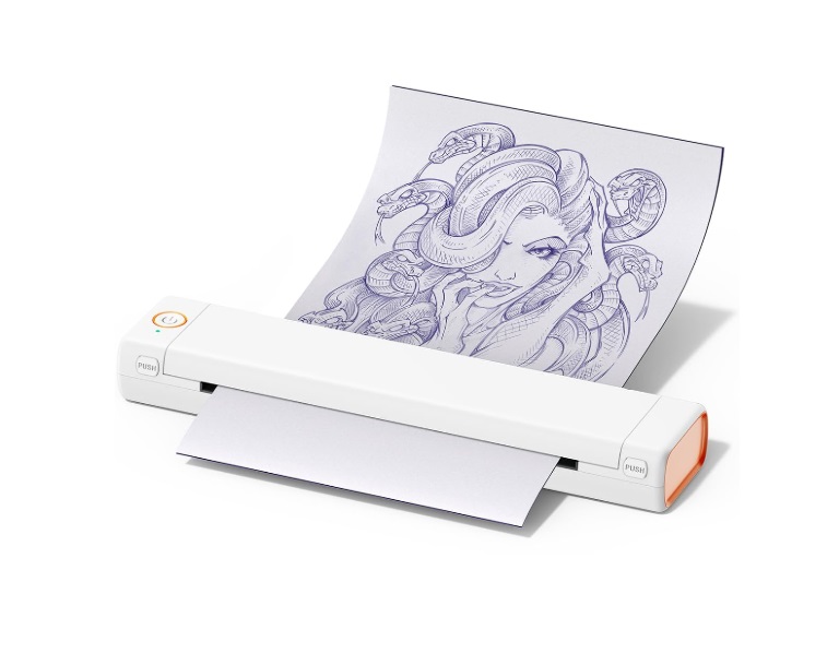 Impressora portátil branca a imprimir desenho de mulher com cabelo de serpentes