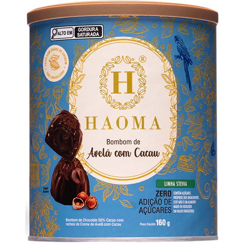 Lata azul de bombons HAOMA com tampa castanha