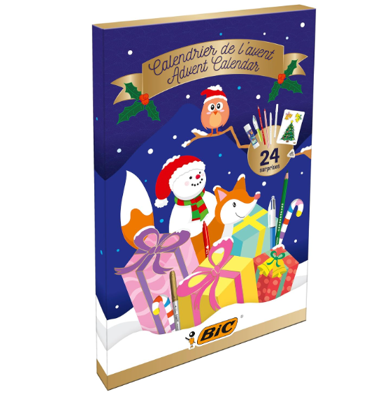 Caixa calendário de advento BIC com ilustrações natalinas e texto em francês e inglês