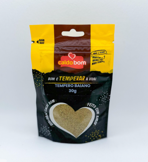 Embalagem de tempero baiano Caldo Bom 30g com janela em forma de coração