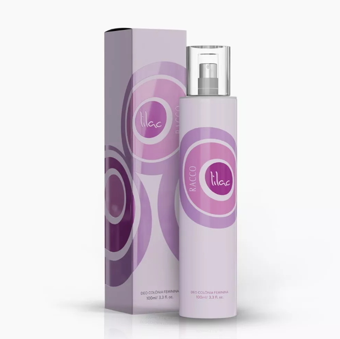 frasco lilás de desodorizante feminino com pulverizador junto da respetiva embalagem