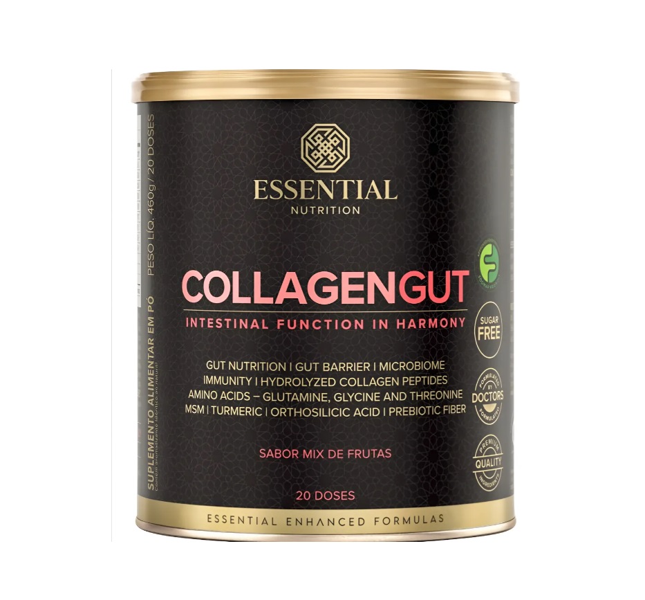 Lata preta e dourada de suplemento COLLAGENGUT da Essential Nutrition