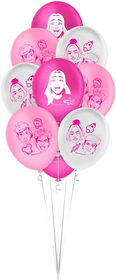 Balões de látex rosa claro, rosa escuro e branco com desenhos de caricaturas e símbolos em rosa