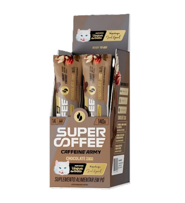 Caixa de suplemento alimentar Super Coffee Caffeine Army sabor chocolate com 14 saquetas e imagem de gato branco.