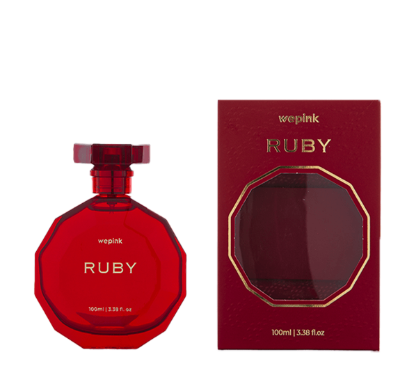 Frasco de perfume vermelho junto a caixa vermelha com janela octogonal