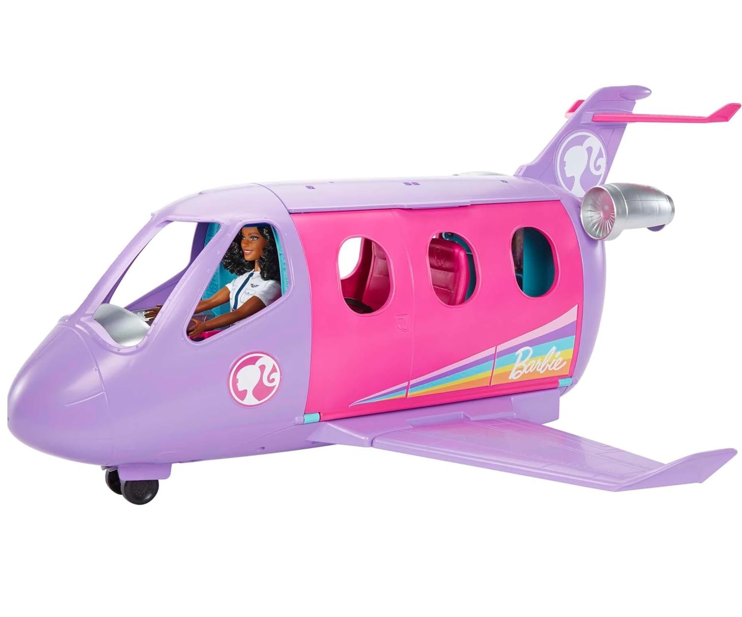 Avião de brinquedo cor-de-rosa e lilás com janelas ovais e figura de piloto visível