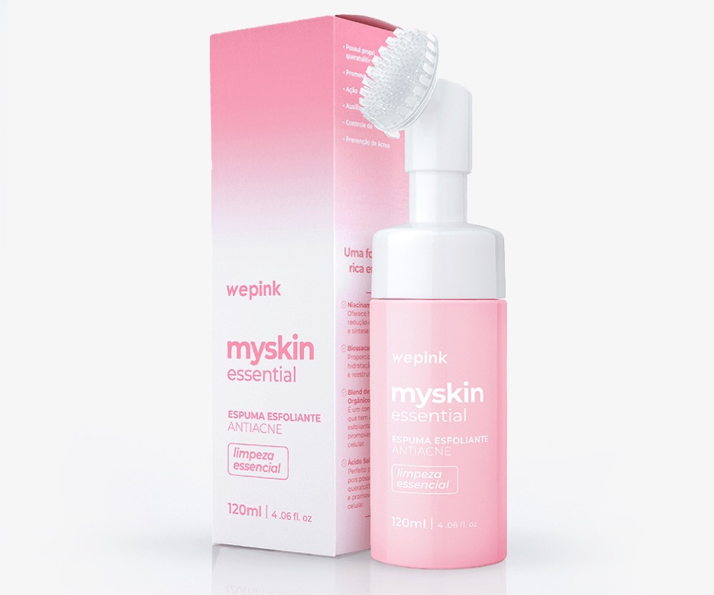 Frasco rosa de espuma esfoliante antacne com caixa correspondente