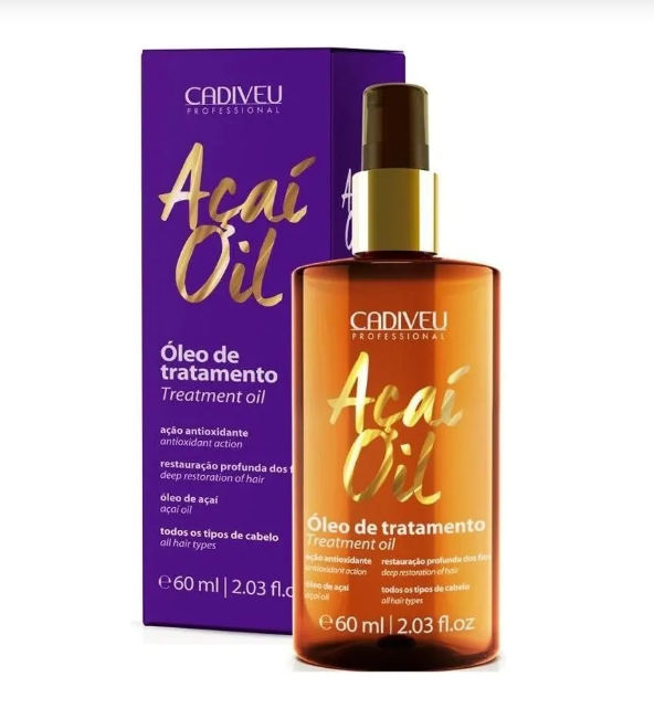 Frasco âmbar de óleo de tratamento Açaí Oil com caixa roxa
