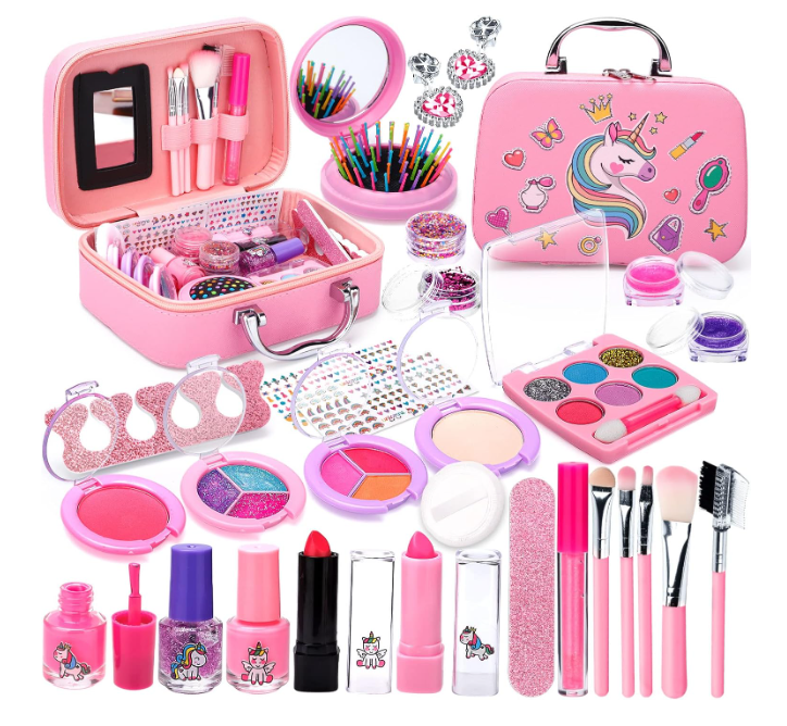 Conjunto de maquilhagem infantil cor-de-rosa com padrão de unicórnio e acessórios variados