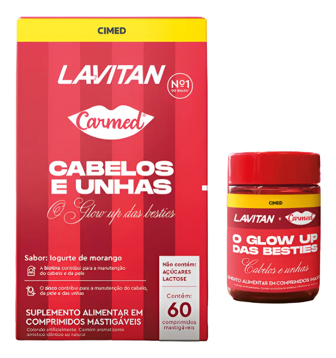 Suplemento alimentar Lavitan Carmed para cabelos e unhas em embalagem vermelha e amarela