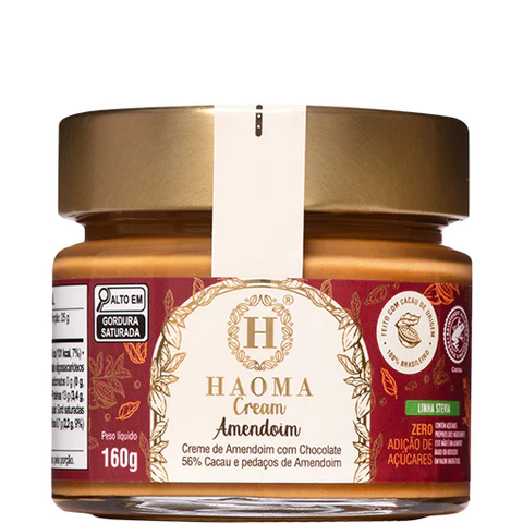 Frasco de creme de amendoim HAOMA Cream com chocolate e pedaços de amendoim
