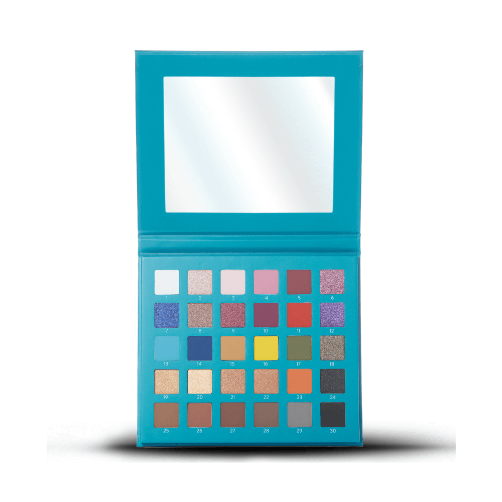 Paleta de sombras de olhos com 30 cores num estojo azul com espelho